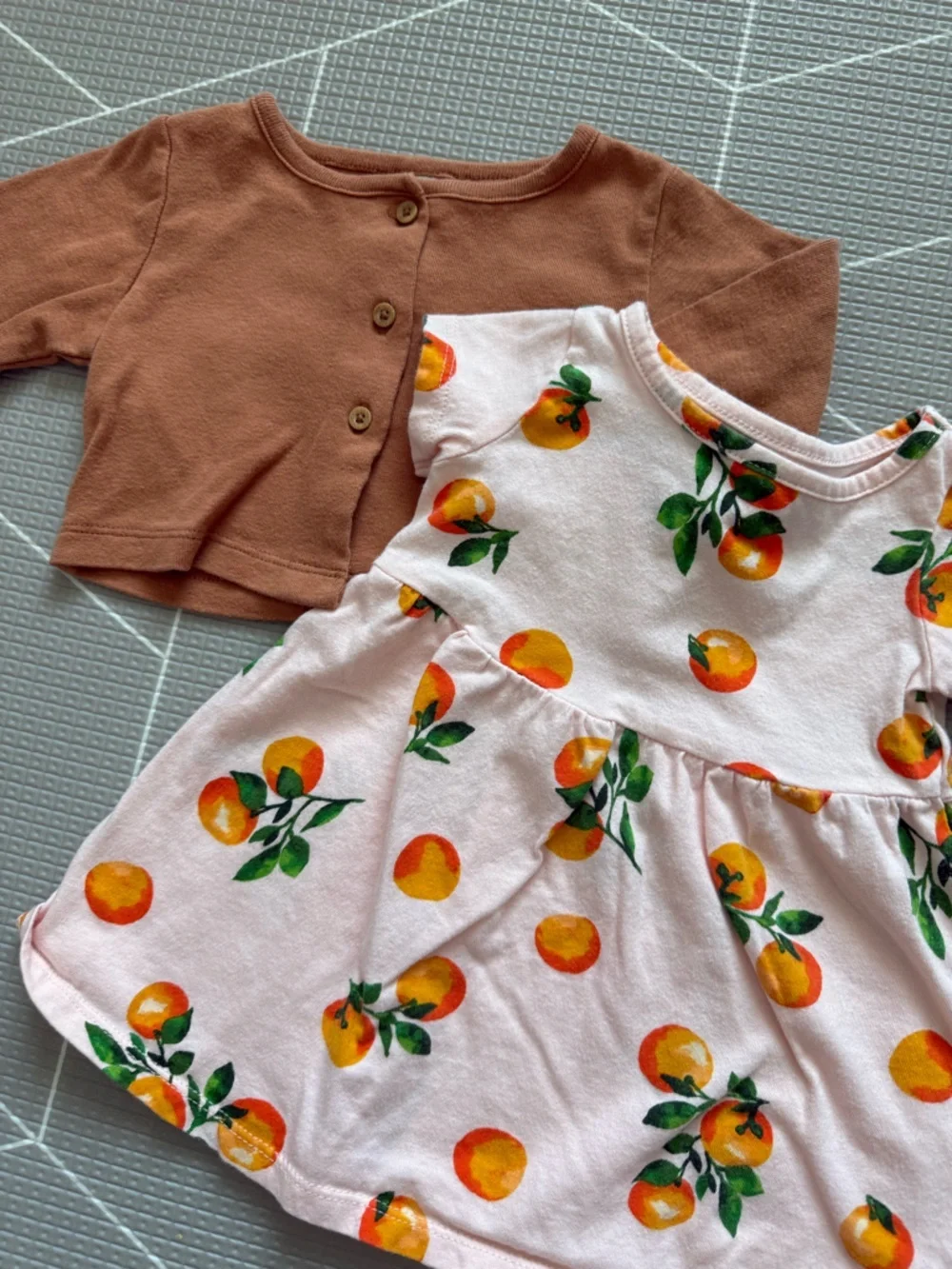 Old Navy|Baby girl boho set,Peach Print Dress & Brown Cardigan,novelty print•12M